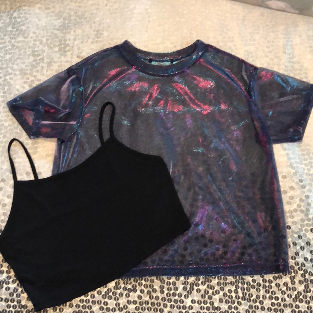 Forever 21 Iridescent mesh crop + black crop cami